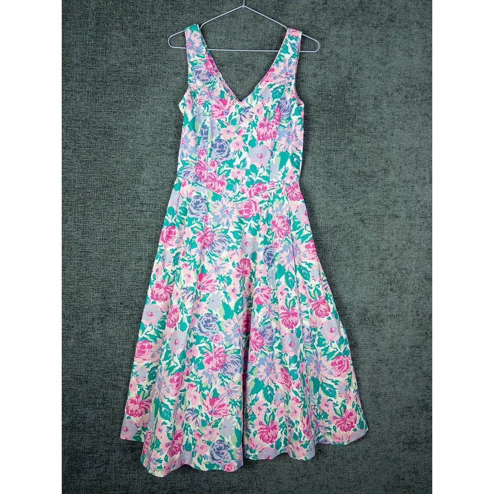 Vintage 80s Laura Ashley Floral Midi Dress Womens 8 Pink Teal Cotton V-Neck A-Li